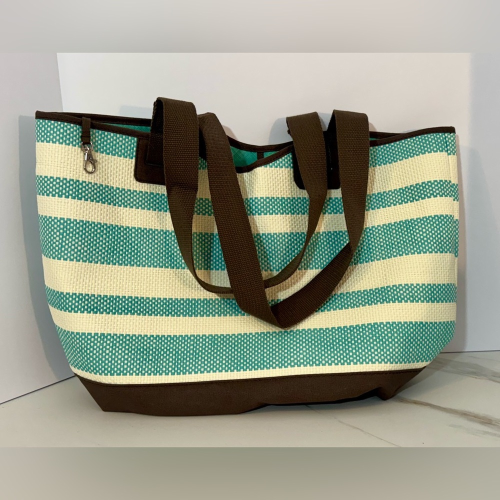 Thirty One 31 Straw Tote - Turquoise Stripes Shoulder Beach Bag New no tags